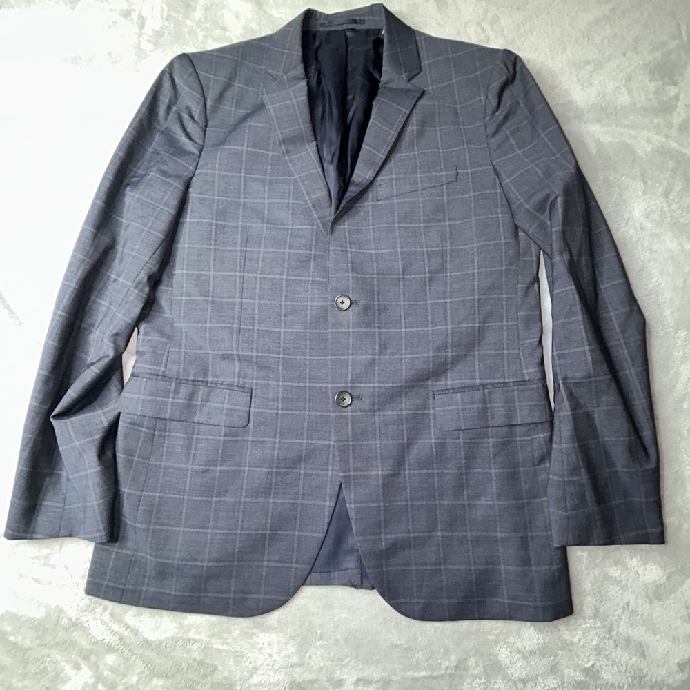 Theory Chambers Blue Blazer Men 42R Jacket Grid Check Wool Stretch windowpane